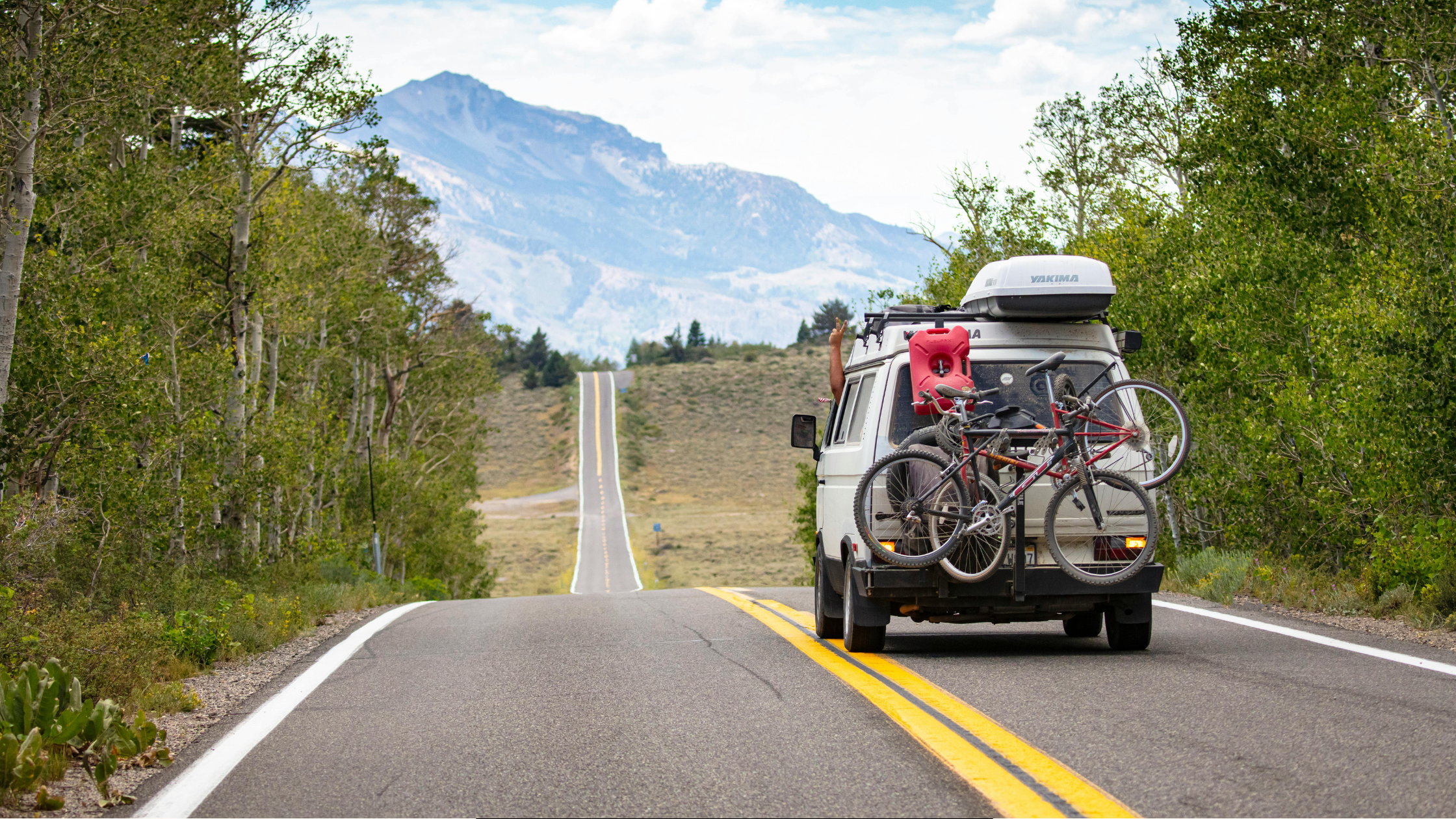 Camper van driving down the road