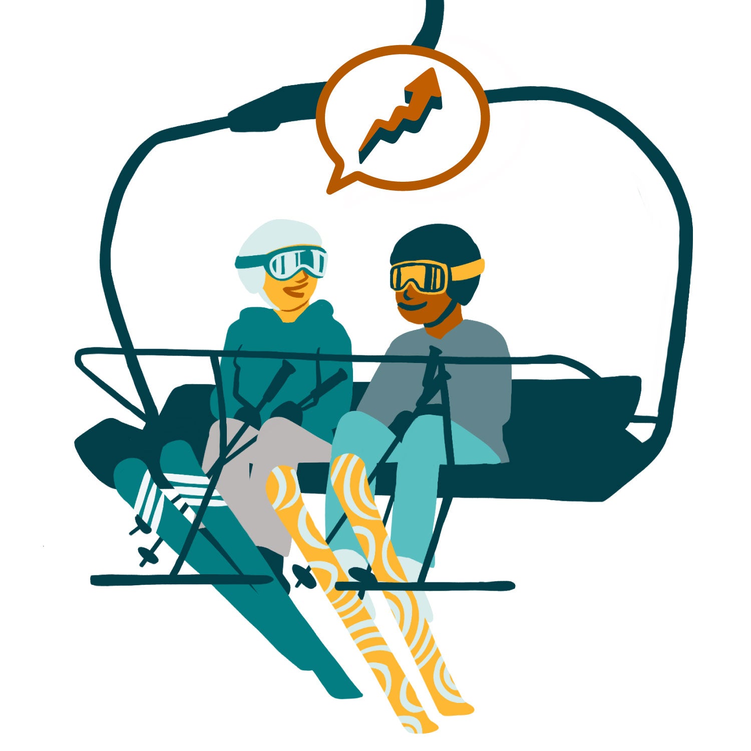 Illustration of two men on a ski lift talking about growth