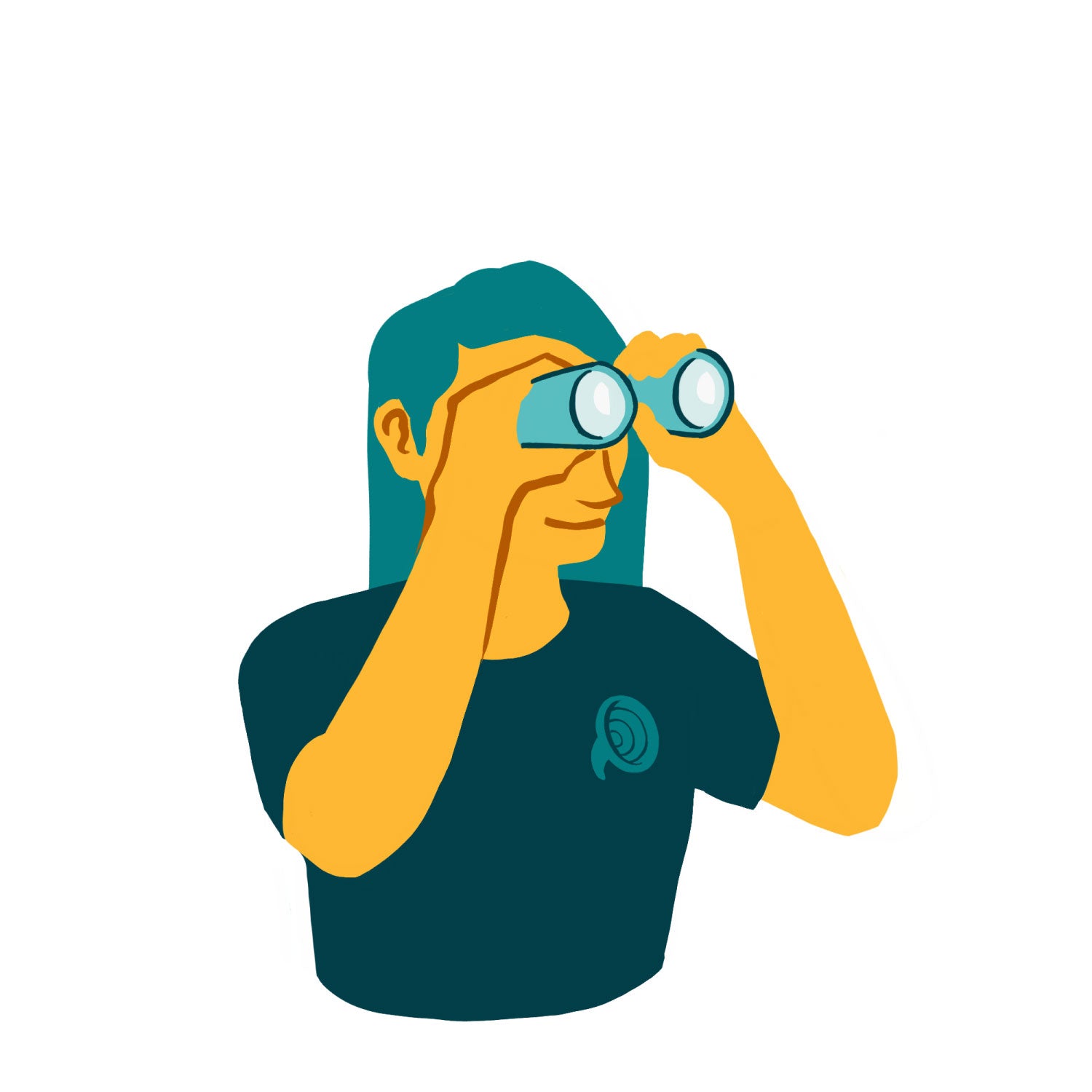 Illustration of a woman in a Foghorn Labs t-shirt looking through binoculars