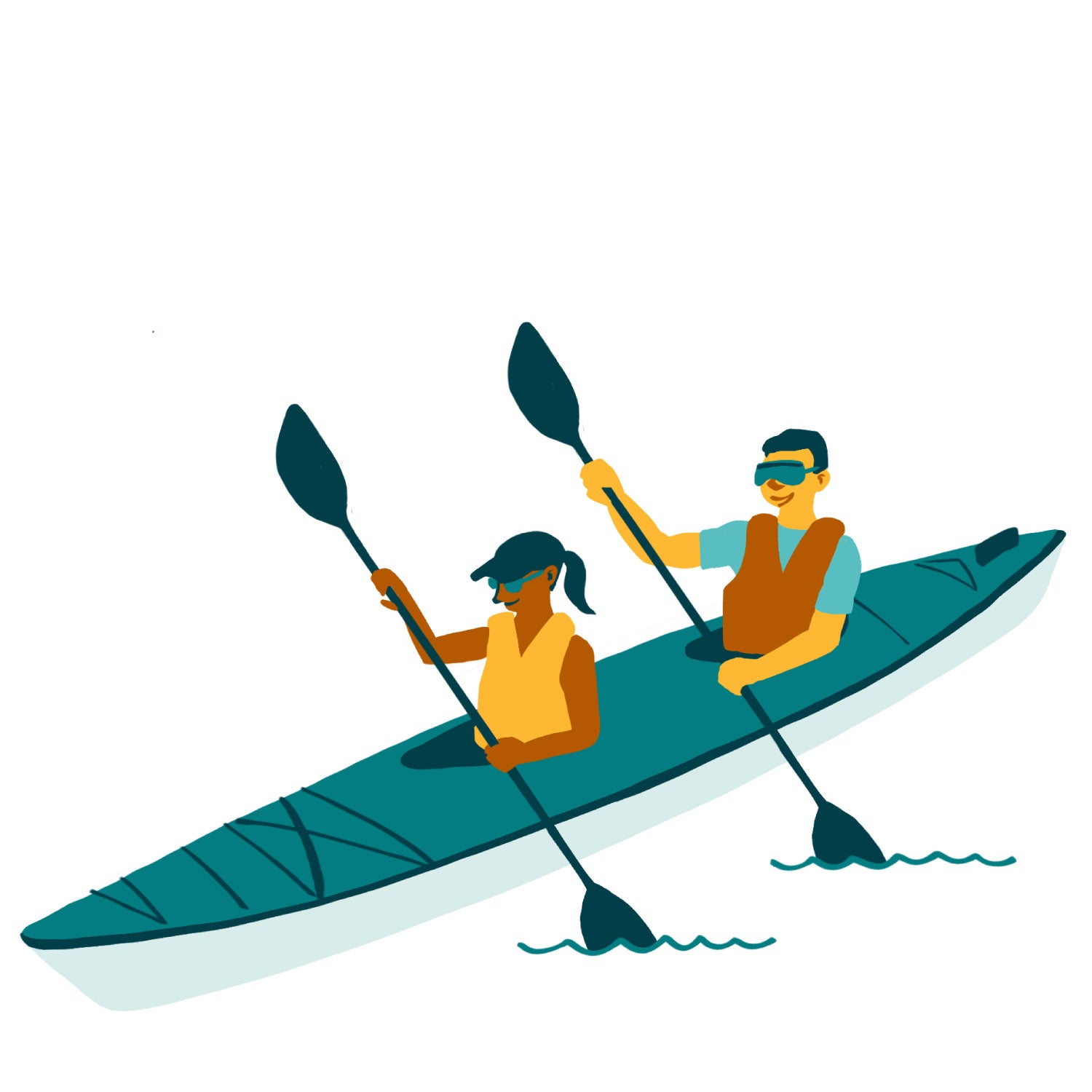 Illustration of a woman and a man in a tandem kayak rowing in sync