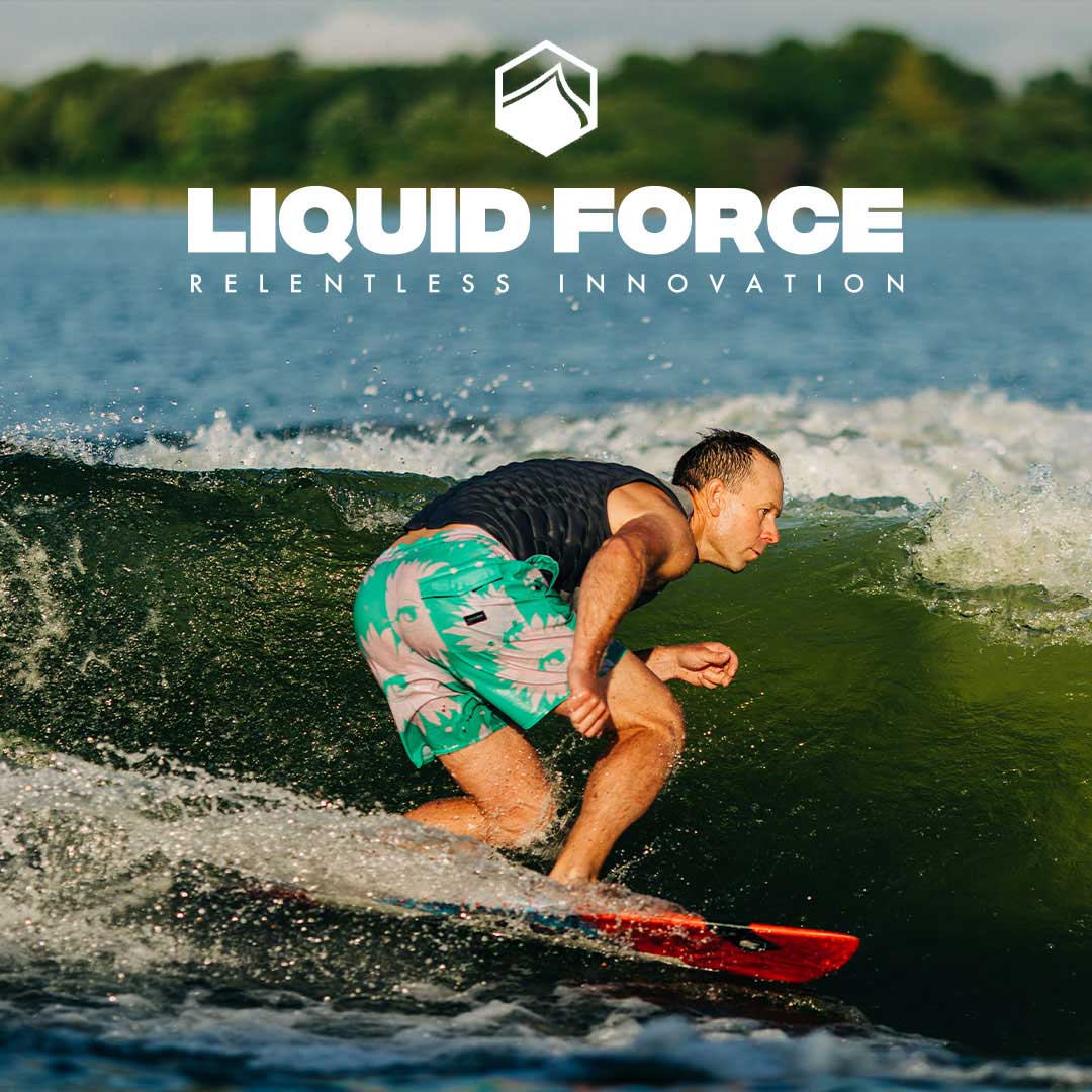 Man wake surfing with Liquid Force logo