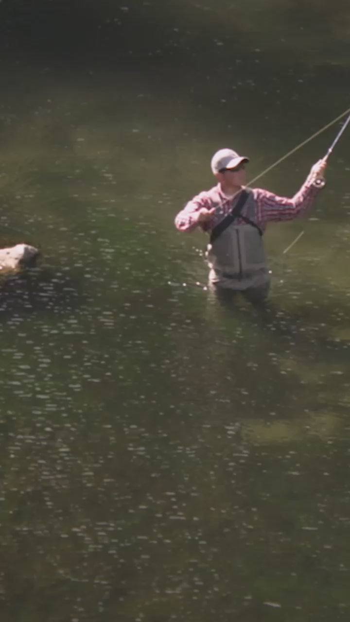 Load video: Footage of outdoor activities including fly fishing, backcountry skiing, and trail running