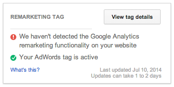 google adwords remarketing status box
